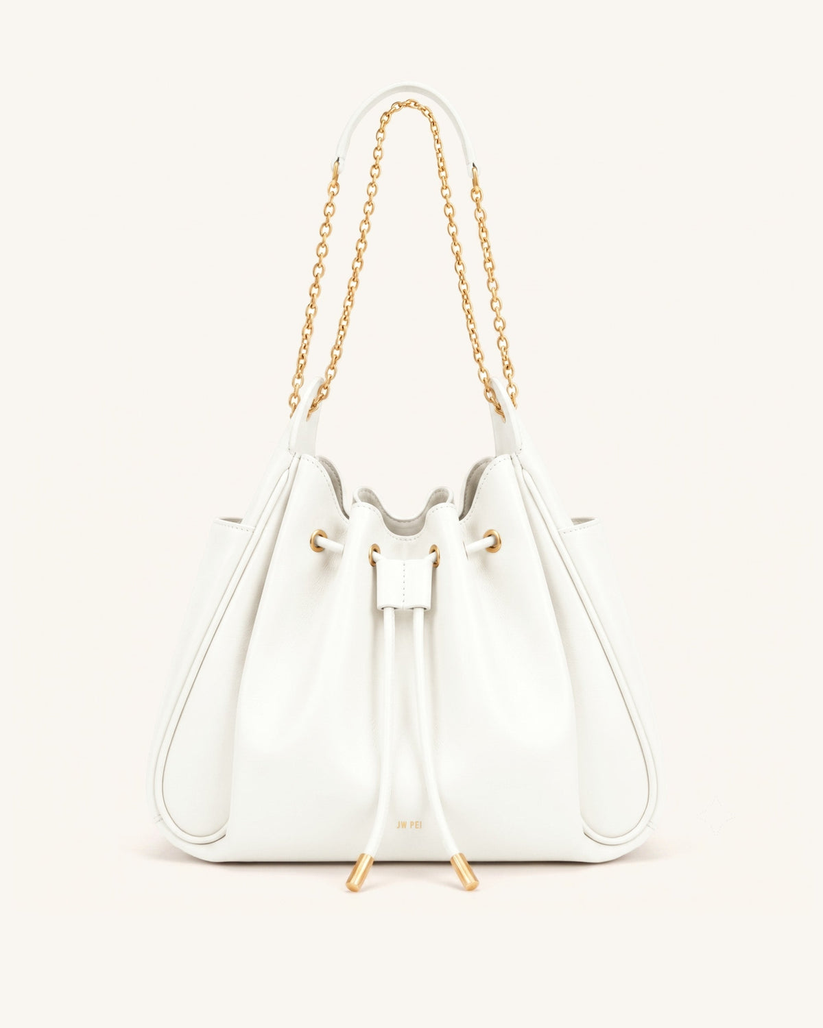 Rowan Ruched Drawstring Chain Bucket Bag - Ivory