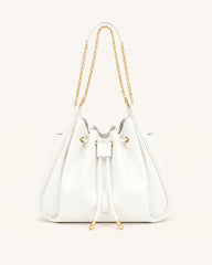 Rowan Ruched Drawstring Chain Bucket Bag - Ivory