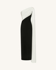One Shoulder Draped Maxi Dress - Black White