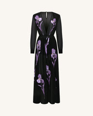 Iris Floral Print Long-Sleeve Sheer Gown - Black/Purple
