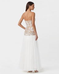 Floral Appliqué Sheer Tulle Maxi Dress - White
