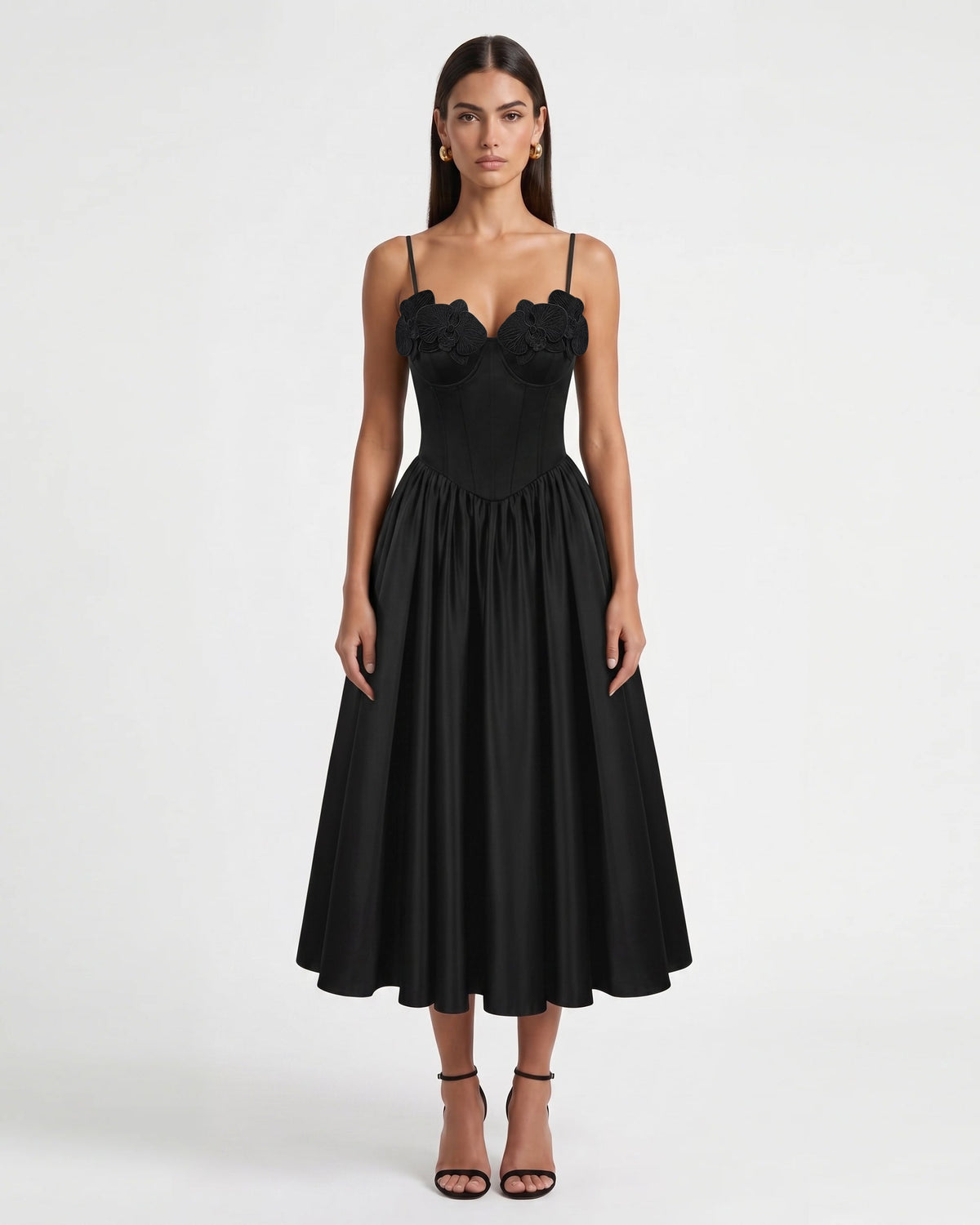 Orchid Embroidered Appliqué Corset Maxi Dress - Black