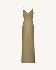 Iris Motif Satin Slip Gown - Olive Green
