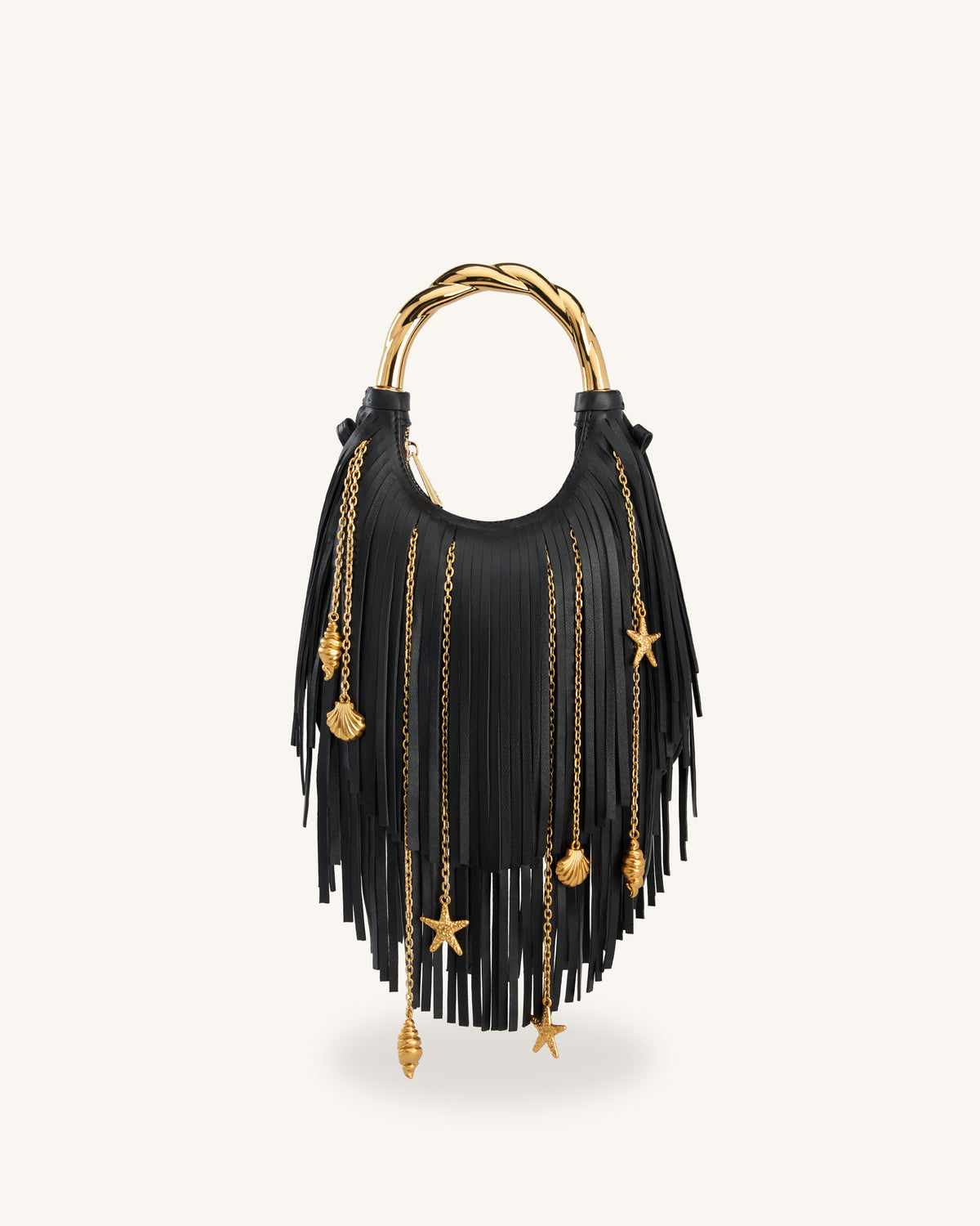 Chloe Metal Handle Fringe Top Handbag - Black