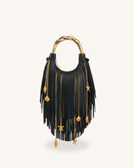 Chloe Metal Handle Fringe Top Handbag - Black