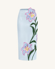 Lily Floral Embroidered High Waist Pencil Midi Skirt - Light Blue