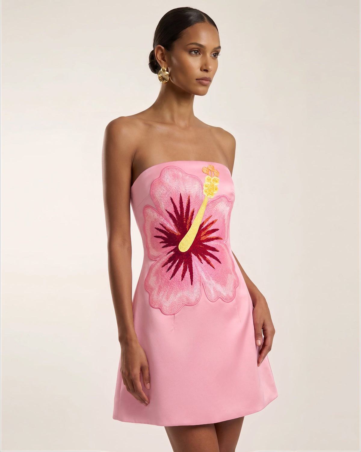 Hibiscus Embroidered Bandeau Mini Dress - Pink