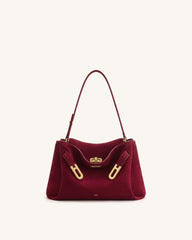 Rhea Faux Suede Double Buckle Shoulder Bag - Cinnabar Red