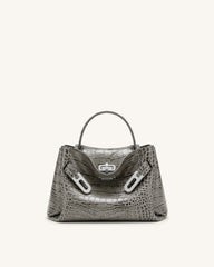 Rhea Small Double Buckle Shoulder Bag - Grey Croc
