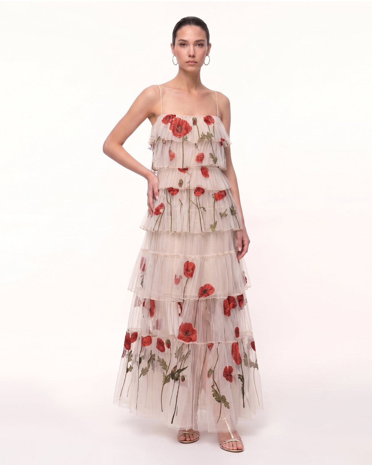 Corn Poppy Tiered Tulle Maxi Dress - Blush Nude