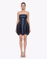 Butterfly Lace Panel Strapless Satin Mini Dress - Navy Blue