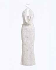 Orchid Beaded Embroidered Keyhole Cowl Halter Maxi Dress - White