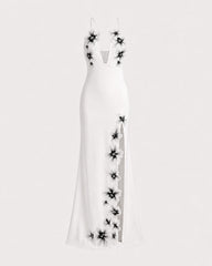 Flower Embroidered Cutout Halter Maxi Dress - White
