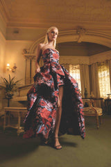 Delphine Strapless Gown in Pink & Black Floral