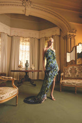 Briony Asymmetrical Maxi Dress in Black & Blue Floral