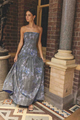 Allana Jacquard Strapless Gown in Black & Blue Floral