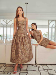 Elara Drop Waist Midi Dress in Leopard Print