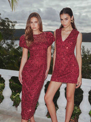 Carmen Puff Sleeve Midi Dress in Red