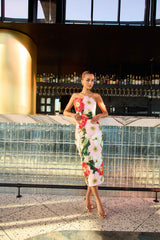 Solara Strapless Midi Dress in Pink Floral