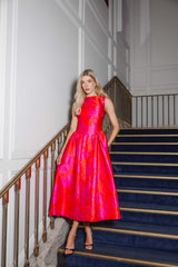 Eloise A-Line Midi Dress in Pink & Red