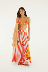 Red Fruit Stripes Rope Ties Slits Pants