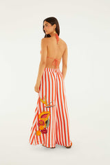 Red Fruit Stripes Rope Ties Slits Pants