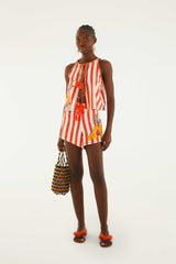 Red Fruit Stripes Embroidered Rope Ties Shorts