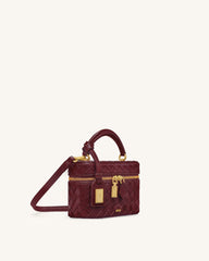 Cleo Woven Texture Box Shape Top Handle Bag - Claret