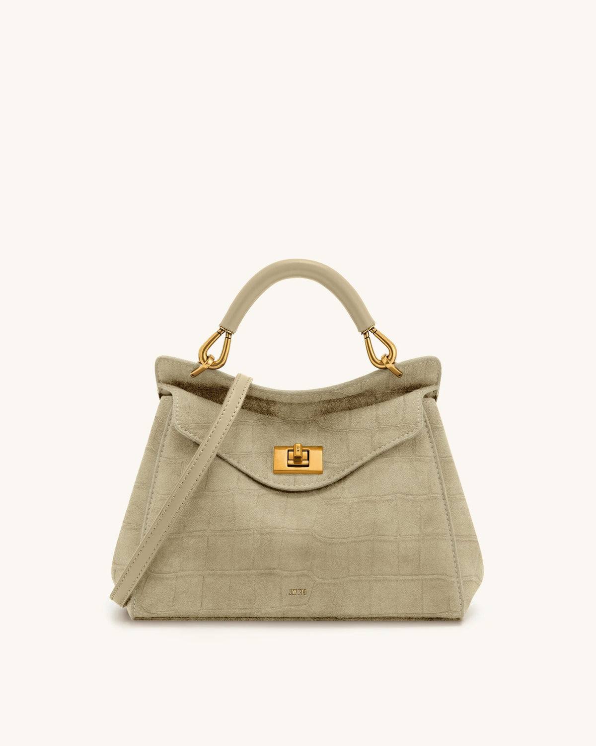 Lucia Classic Croc-Embossed Faux Suede Top Handle Bag - Light Beige