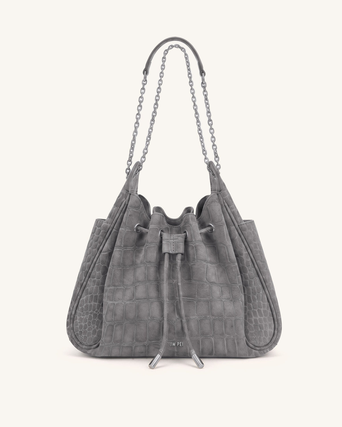 Rowan Faux Suede Drawstring Chain Bucket Bag - Smog Gray Croc