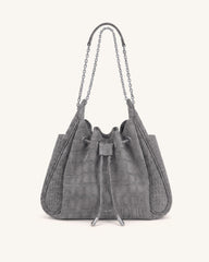Rowan Faux Suede Drawstring Chain Bucket Bag - Smog Gray Croc