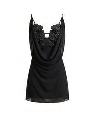 Flower Embroidered Cowl Neck Mini Dress - Black