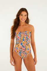 Multicolor Floraline Smocked Strapless One-Piece Swimsuit