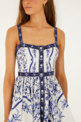 Off-White Porcelain Garden Buttoned  Mini Dress