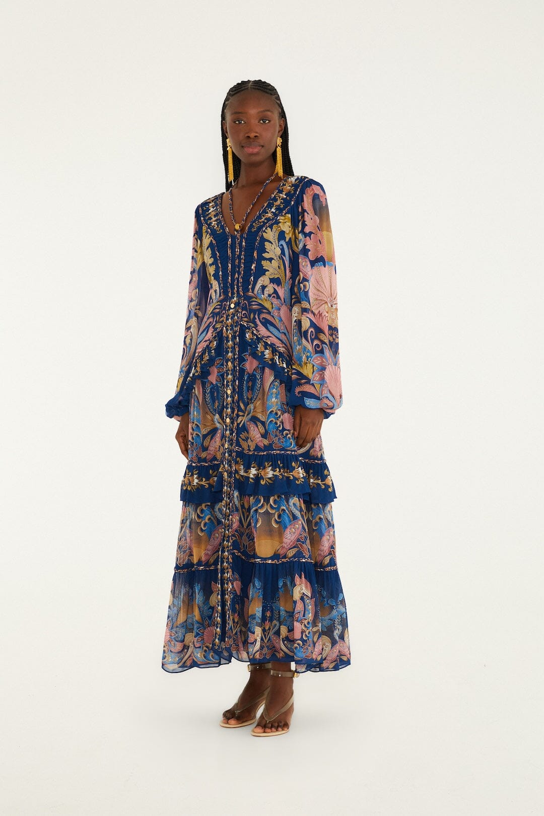 Navy Blue Sea Garden Braid Details Maxi Dress