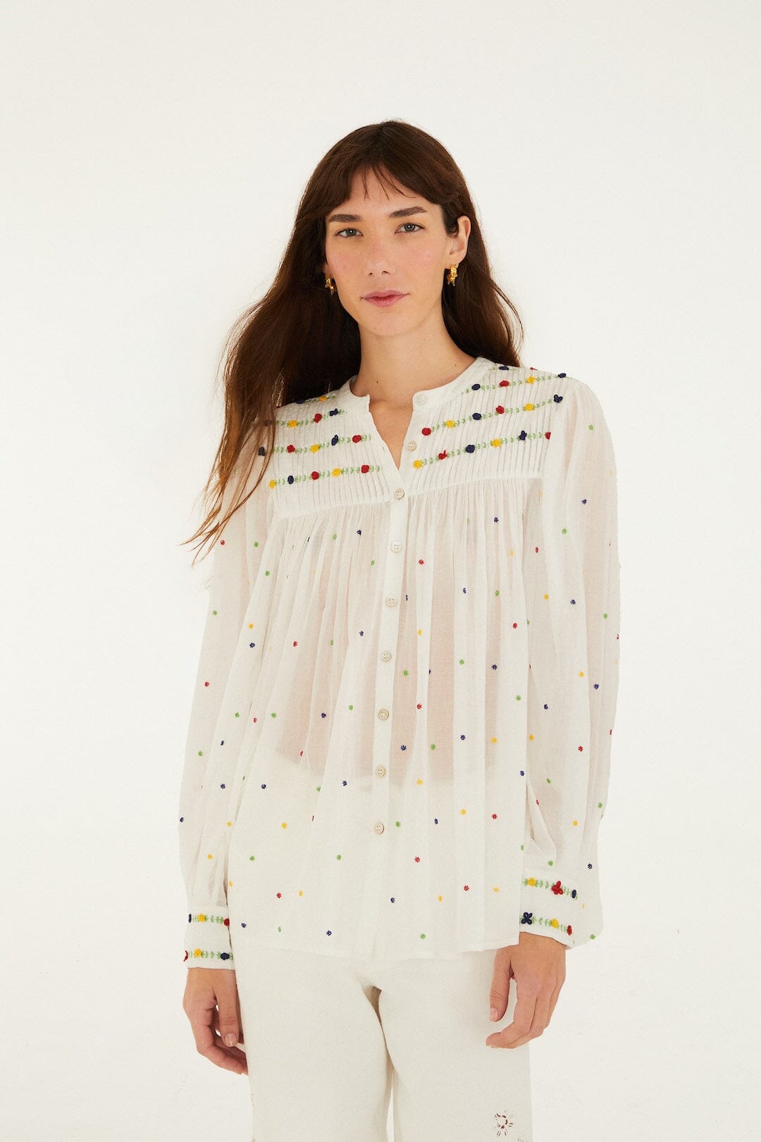 Off-White Embroidered Beads  Long Sleeve Blouse