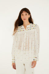 Off-White Embroidered Beads  Long Sleeve Blouse