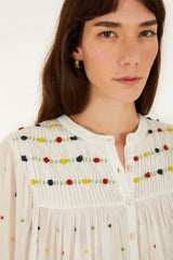 Off-White Embroidered Beads  Long Sleeve Blouse