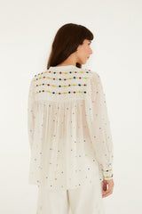 Off-White Embroidered Beads  Long Sleeve Blouse