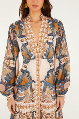 Soft Pink Sea Garden Scarf Pleated Midi Dress