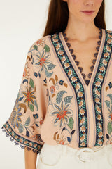 Soft Pink Floral Delhi Tapestry Kimono Sleeve Bodysuit