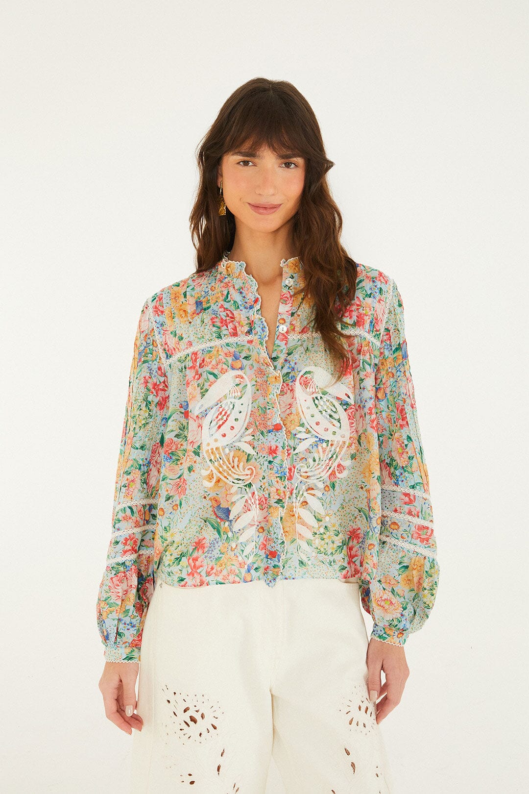 Multicolor Rendeira Cutwork Long Sleeve Blouse