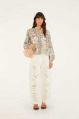 Multicolor Rendeira Cutwork Long Sleeve Blouse