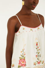 Off-White Flower Embroidery Open Back Sleeveless Blouse