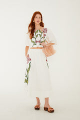 Off-White Flower Embroidered  Crop Top