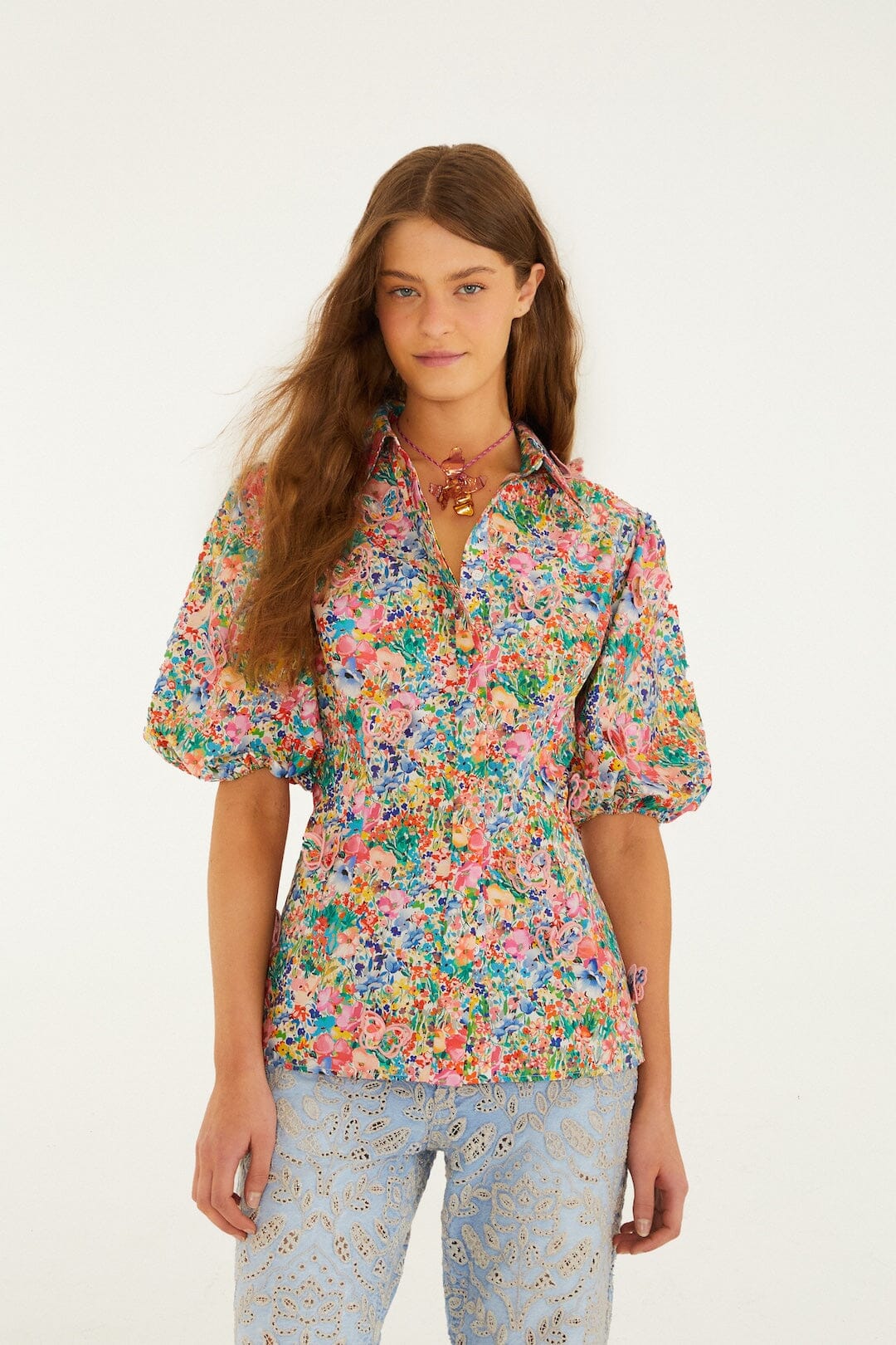 Off-White Peasant Floral Butterflies  Blouse