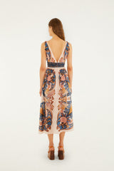 Soft Pink Garden Scarf V Neck Midi Dress
