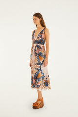 Soft Pink Garden Scarf V Neck Midi Dress