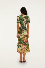 Multicolor Oriental Garden Short Sleeve Maxi Dress