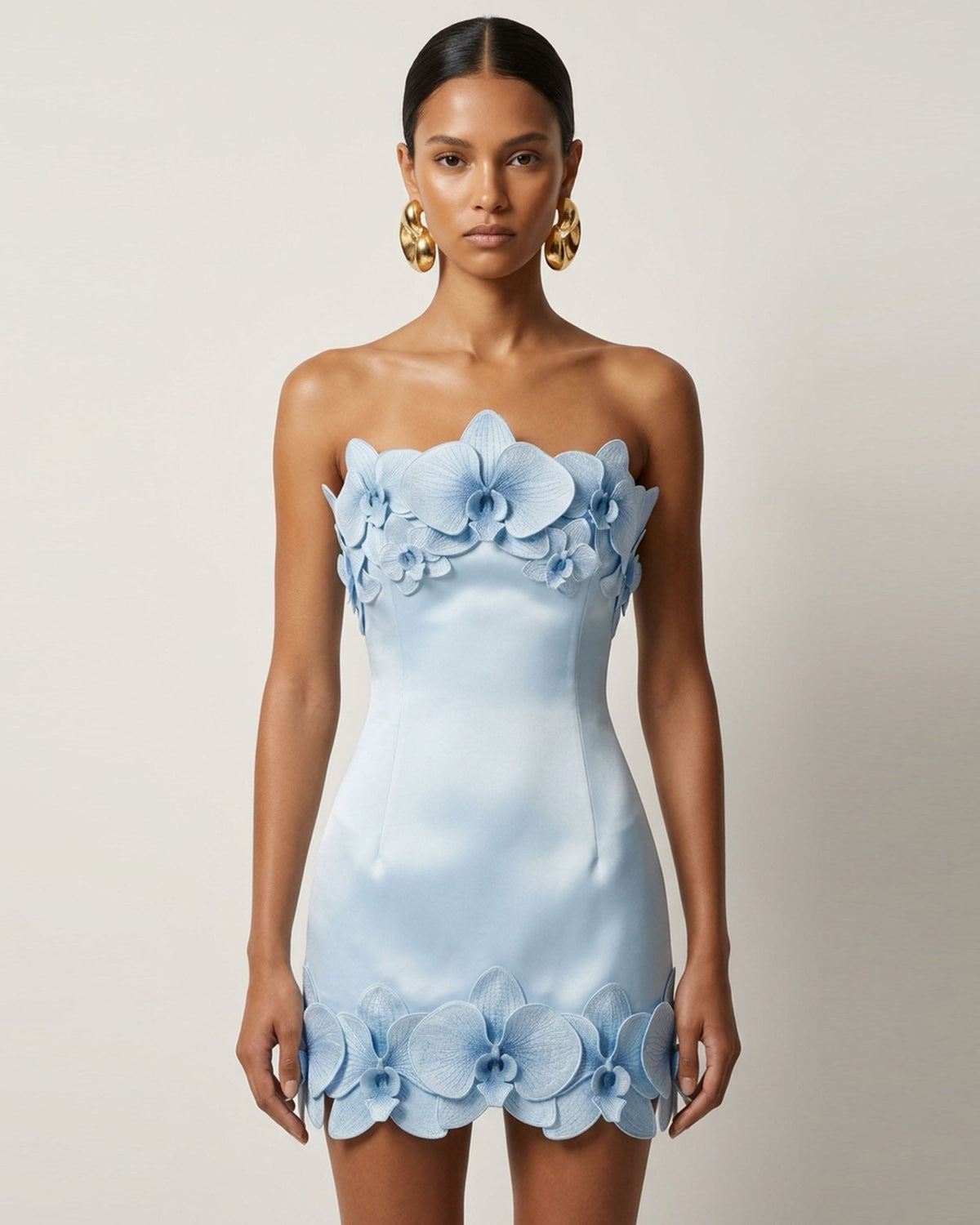 Orchid Trim Strapless Mini Dress - Blue
